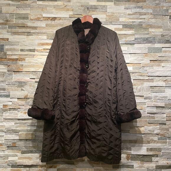 Reversible Rex Genuine Rabbit Fur Trim Coat XL | Chocolate Quilted & Taupe Nylon - Picture 3 of 13